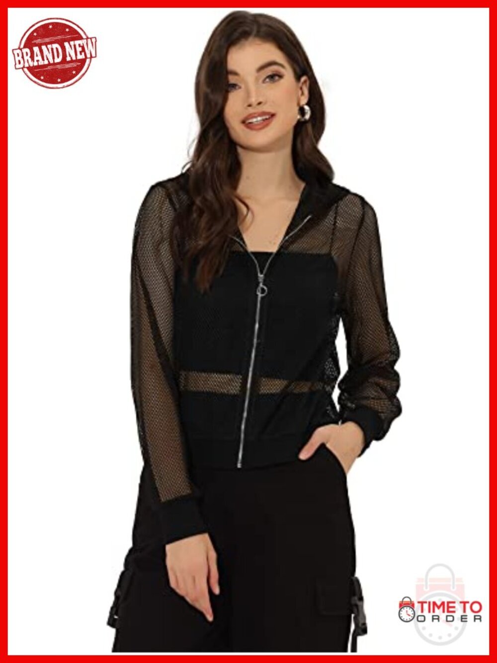 Mesh Sheer Jacket Long Sleeve Hoodie Zipper Up Lightweight Casual Outwear Night